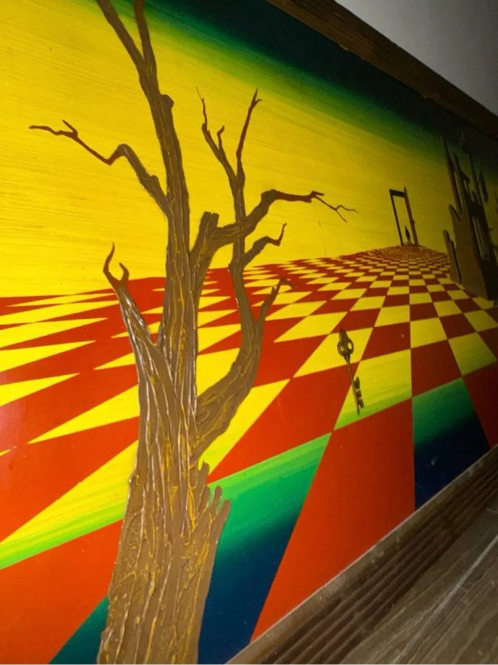 Surreal Checkerboard Wall Art Print in Yellow, Green & Brown
